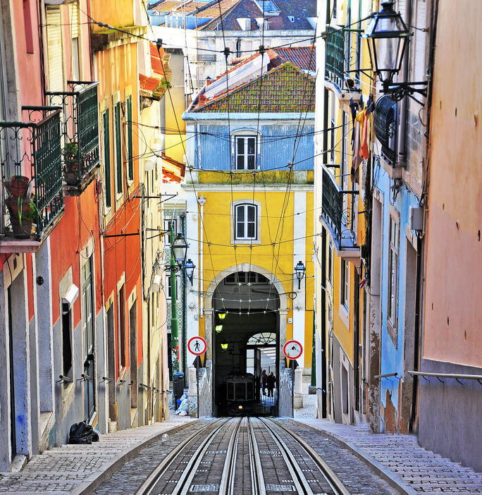 The road of the Bica funicular, Lisbon old town, Portugal