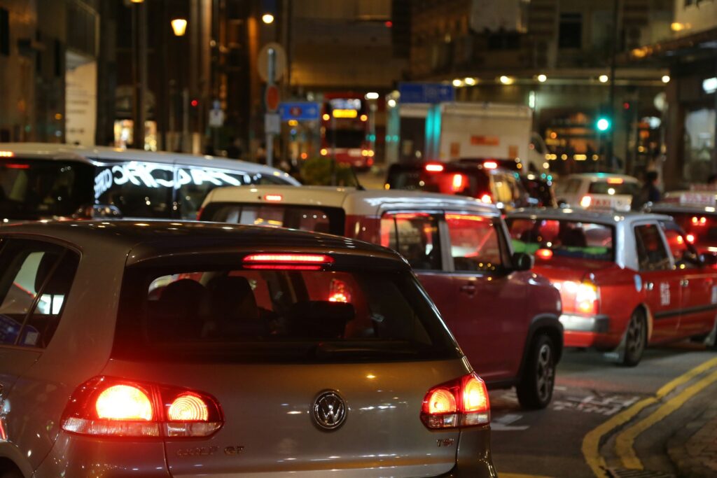 Cars in heavy traffic at night