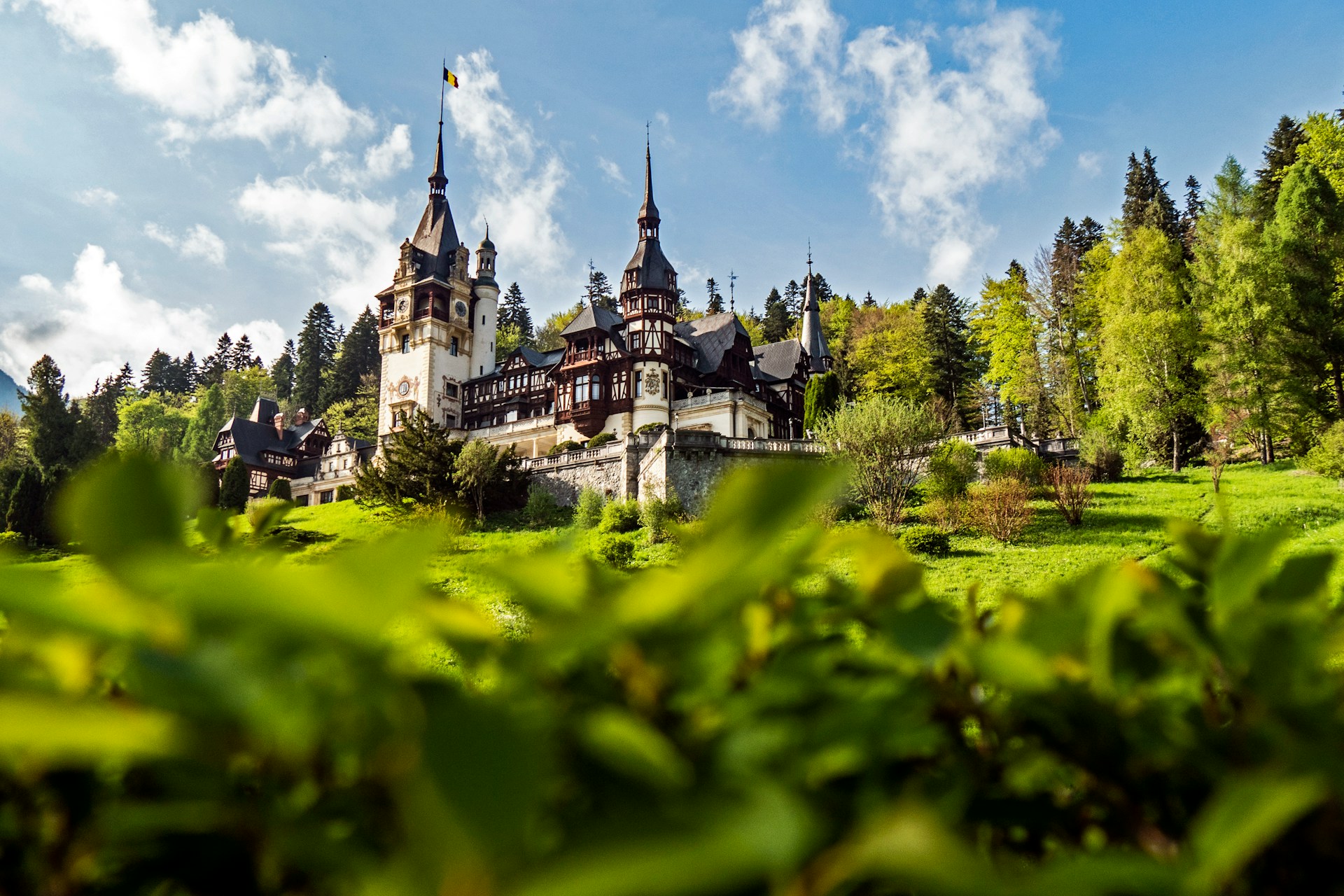 Low angle shot of Peles Castle in Romania
