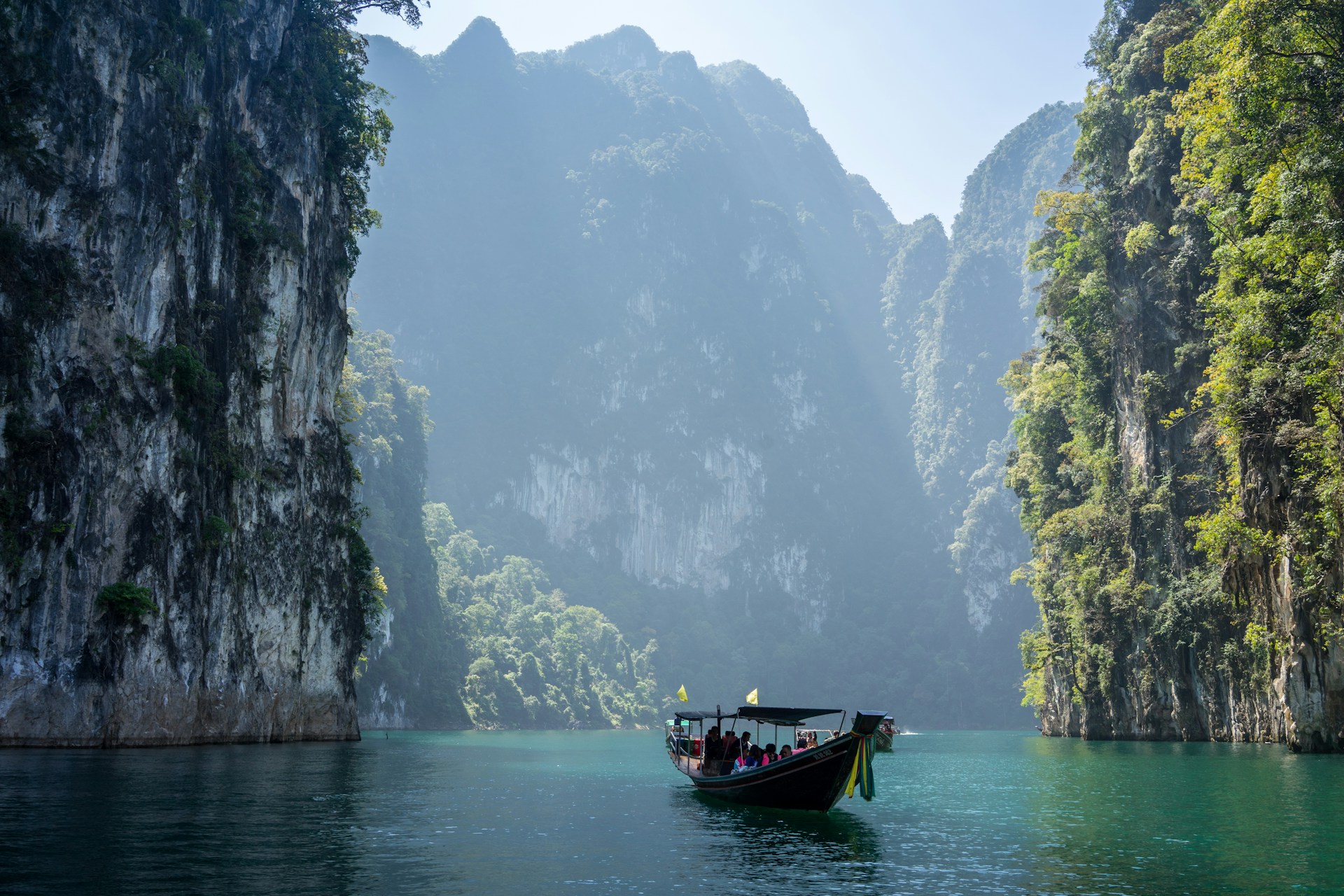 A rowboat between cliffs in Thailand