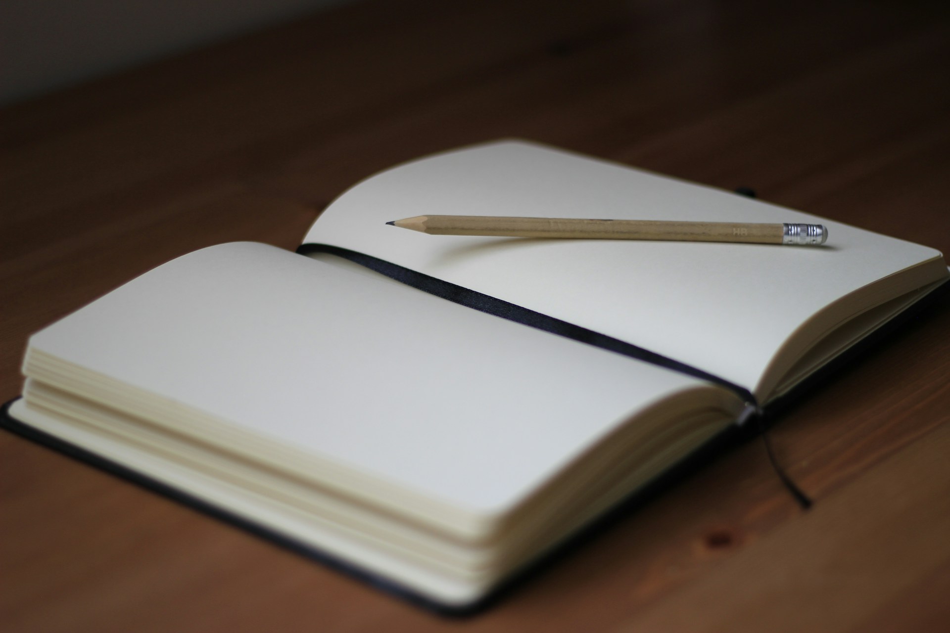 An open journal with a pencil resting on the pages