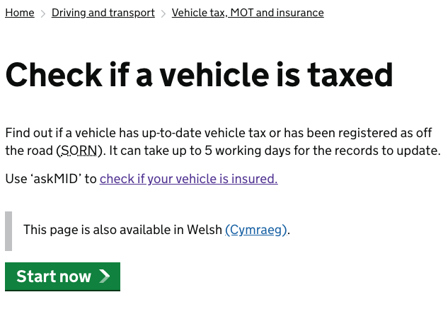 Screenshot of the gov.uk website, option to check if car is taxed