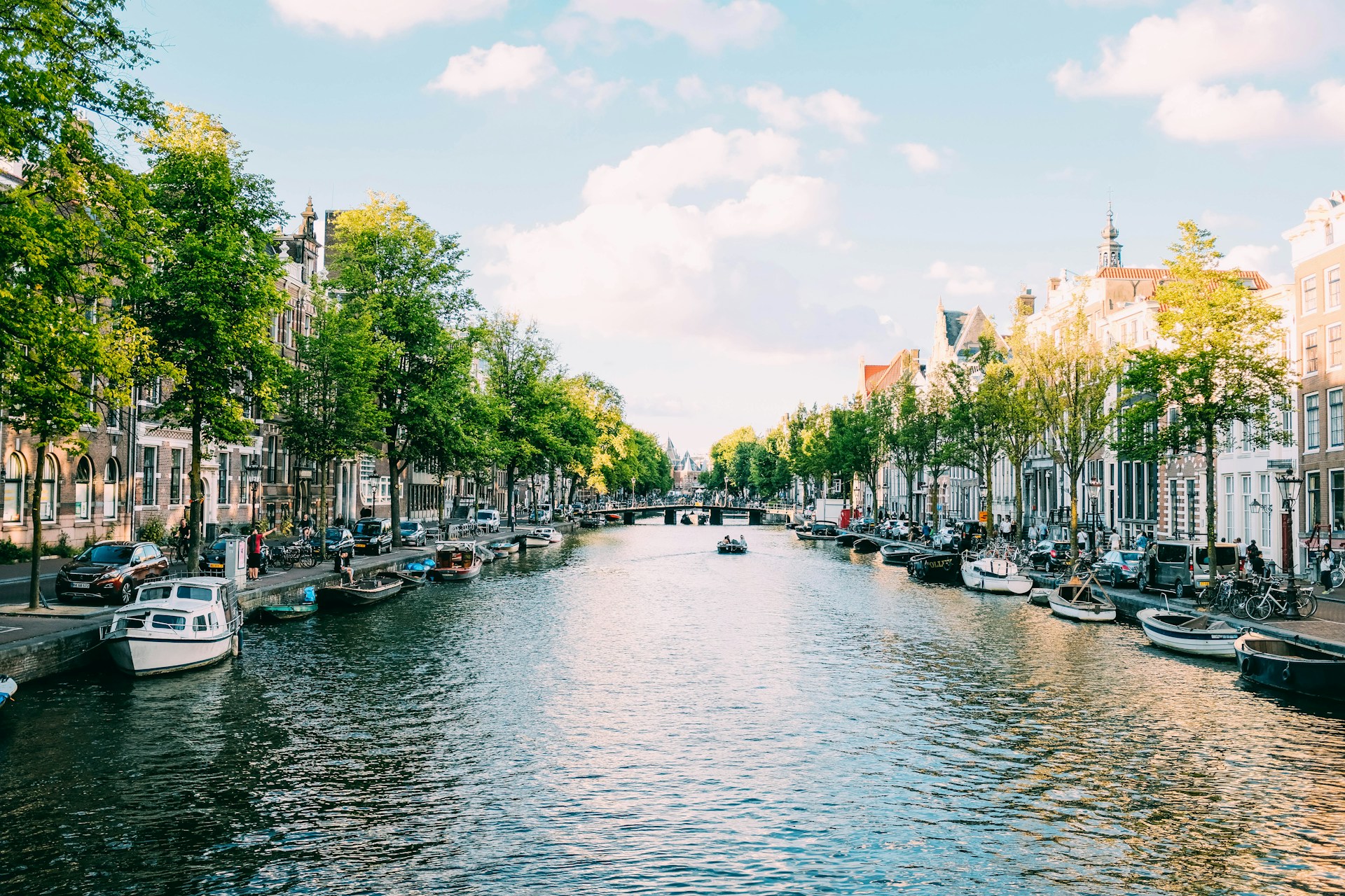 Canal boats and trees in Amsterdam