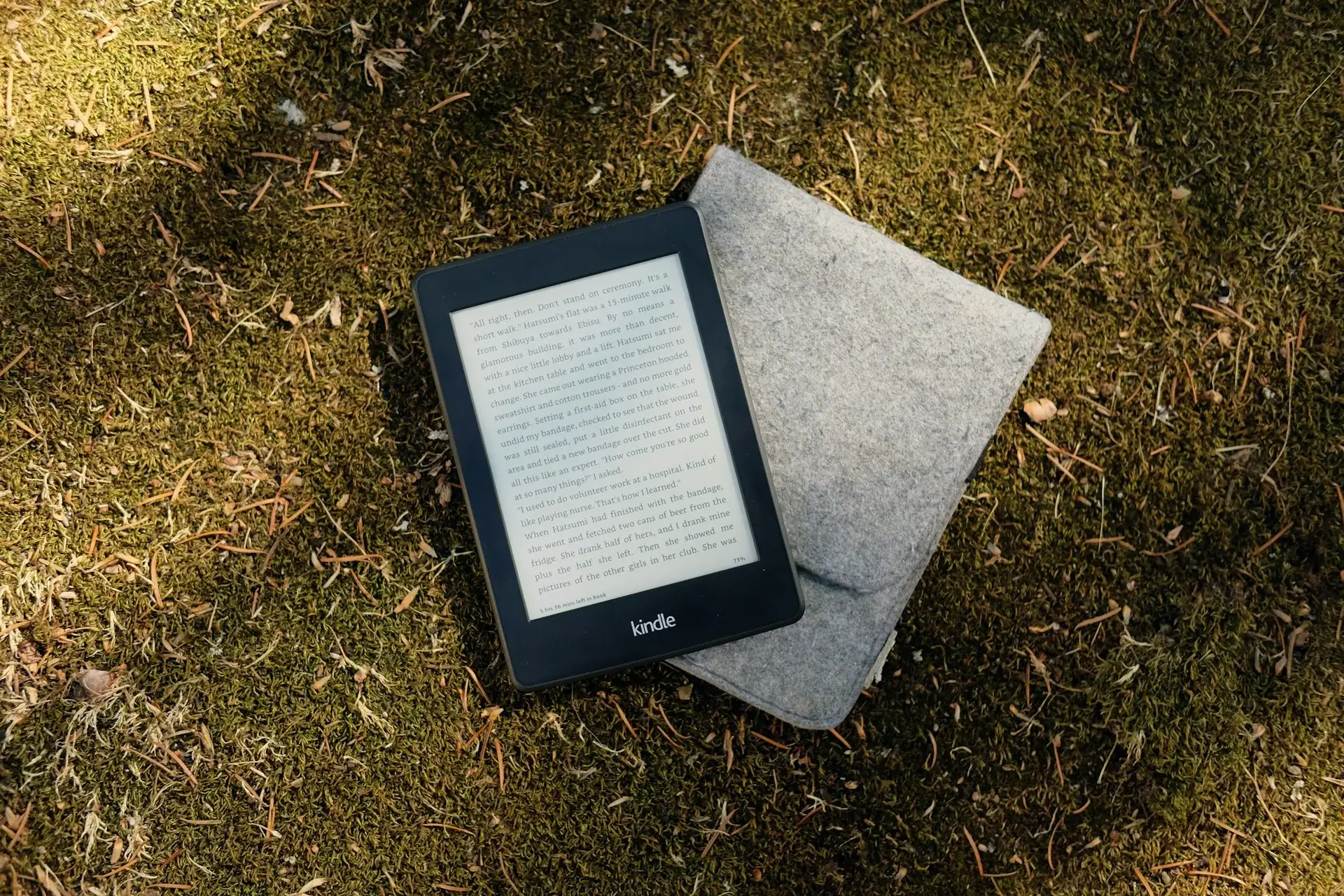 electronic book lying flat on grass