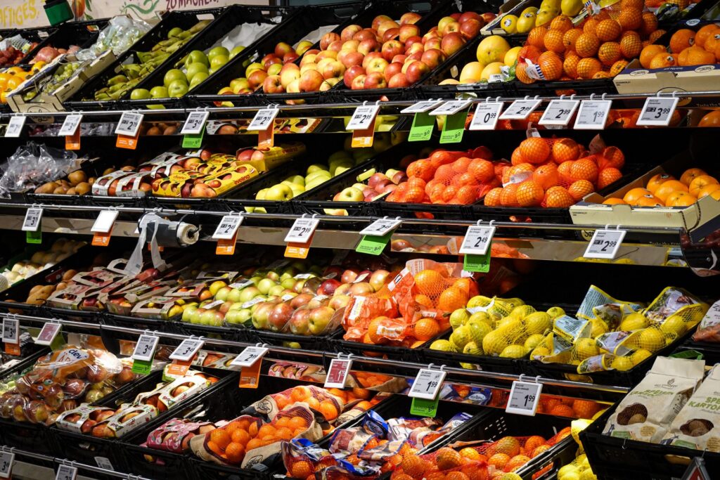 Shelves of fresh produce in a supermarket